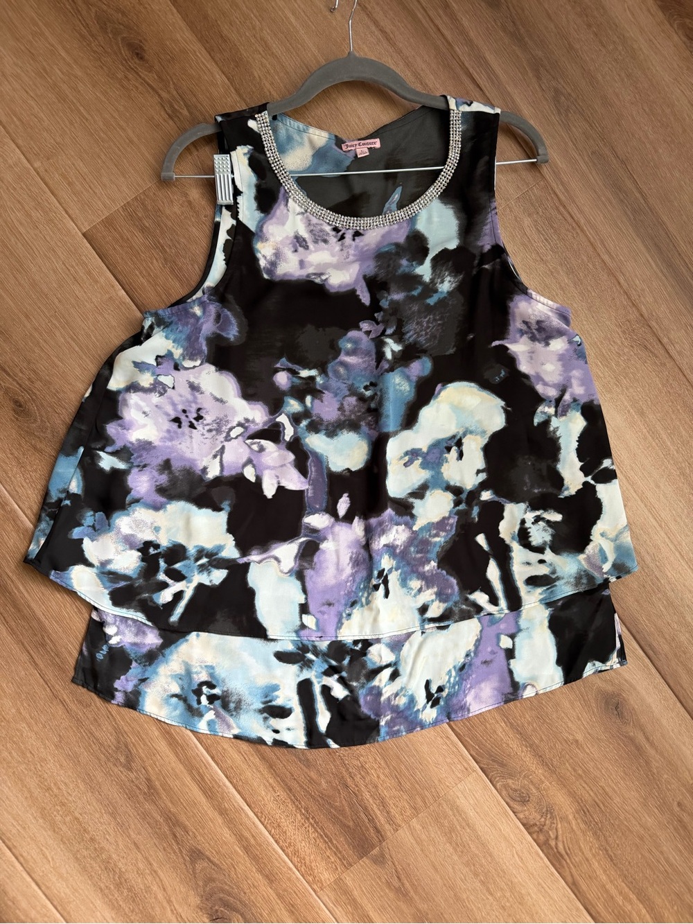 Juicy Couture Black Floral Layered Tank with Rhinestone Neckline